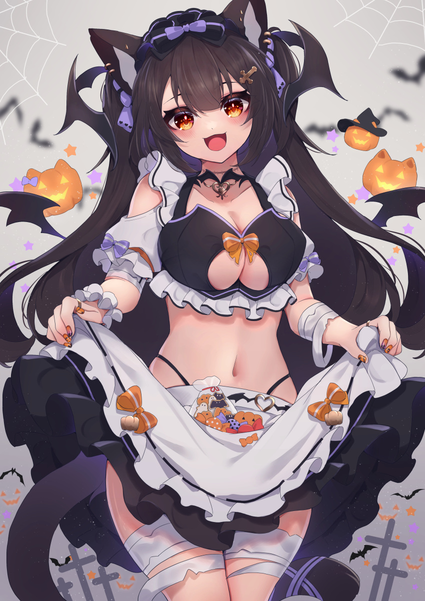 1girl :d absurdres animal animal_ear_fluff animal_ears apron apron_basket bandaged_arm bandaged_leg bandages bangs bat_(animal) black_hair black_headwear black_skirt black_wings bow breasts cat_ears cat_girl cat_tail cleavage cleavage_cutout clothing_cutout collarbone commentary_request ear_piercing frilled_apron frilled_skirt frills grey_background hair_between_eyes hair_ornament halloween hat head_wings highres hinata_(user_rjkt4745) jack-o'-lantern long_hair looking_at_viewer medium_breasts mini_wings nail_art navel orange_bow original piercing puffy_short_sleeves puffy_sleeves purple_bow red_eyes ribbon-trimmed_apron ribbon_trim short_sleeves silk skirt smile solo spider_web striped striped_bow tail very_long_hair white_apron wings witch_hat wrist_cuffs
