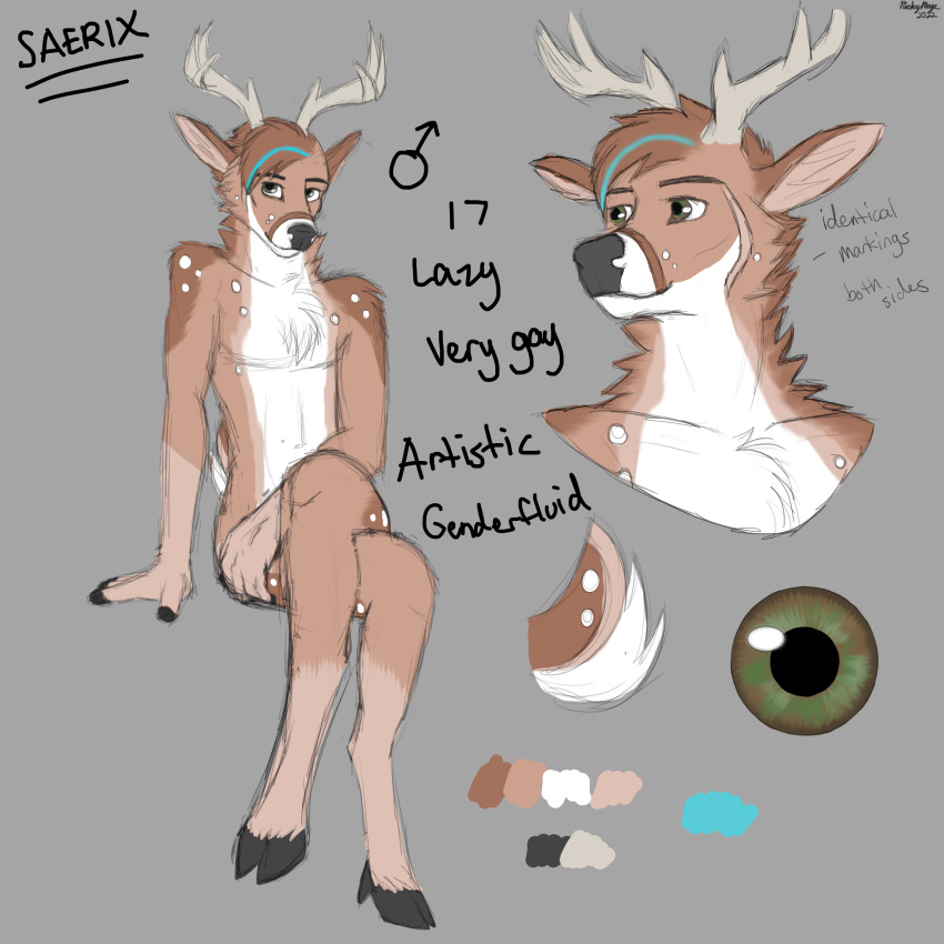 absurd_res anthro antlers blue_hair brown_body brown_fur cervid fur hair hi_res horn humanoid male mammal model_sheet saerix saerixdurr solo spots white_body white_fur