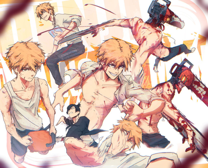 2boys aged_down black_hair black_jacket black_necktie blonde_hair blood blood_on_arm blood_on_chest blood_on_clothes blood_on_face blood_on_weapon book carrying carrying_person chainsaw_man collared_shirt denji_(chainsaw_man) dirty formal hayakawa_aki highres holding holding_book holding_weapon hybrid instagram_username jacket looking_at_another looking_at_viewer looking_down looking_to_the_side messy multiple_boys neck necktie open_clothes open_mouth pochita_(chainsaw_man) sharp_teeth shirt short_hair simple_background slapping sleeves_rolled_up smile stephengiannart string_pull suit tank_top teeth tongue tongue_out topknot topless_male twitter_username weapon white_background white_shirt white_tank_top