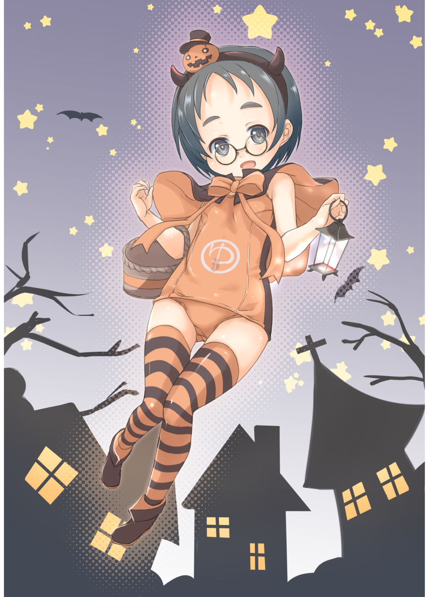 1girl absurdres adapted_costume alternate_color bangs basket black_cape black_hair brown_eyes cape clothes_writing commentary_request fake_horns flat_chest full_body fyuo halloween_costume highres horns jack-o'-lantern kantai_collection lantern looking_at_viewer maru-yu_(kancolle) orange_one-piece_swimsuit parted_bangs school_swimsuit short_hair solo striped striped_thighhighs swimsuit thick_eyebrows thighhighs