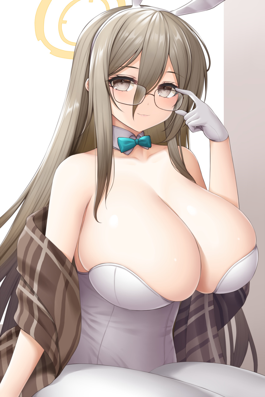 1girl akane_(blue_archive) akane_(bunny)_(blue_archive) animal_ears asamura_hiori bangs blue_archive bow bowtie breasts brown_scarf cleavage detached_collar glasses gloves halo highres large_breasts leotard official_alternate_costume pantyhose playboy_bunny rabbit_ears scarf sitting smile solo thighs white_gloves white_leotard white_pantyhose