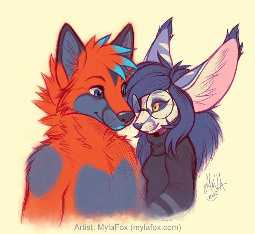 2020 anthro big_ears black_clothing black_sclera black_topwear blue_eyes blue_hair blue_nose canid canine cheek_tuft closed_smile clothed clothing dated duo eye_contact eyewear facial_tuft female fennec fox fur glasses glistening glistening_eyes grey_body grey_fur hair long_hair looking_at_another male mammal mouth_closed mylafox neck_tuft orange_body orange_eyes orange_fur orange_hair round_glasses short_hair signature simple_background topwear tuft white_body white_fur yellow_background