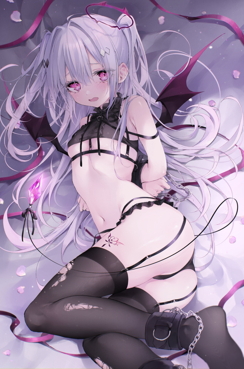 1girl absurdres ankle_cuffs arms_behind_back ass blush bound bound_arms breasts demon_girl demon_wings frilled_shirt_collar frills from_above hair_ornament halo highres hoju_rura indie_virtual_youtuber leg_tattoo lingerie long_hair looking_at_viewer lying navel on_side open_mouth pantyhose pink_eyes ribs si10ra small_breasts solo tattoo thighhighs torn_clothes underboob underwear white_hair wings