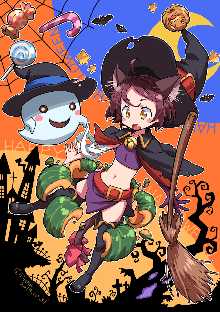 1girl absurdres ahoge animal_ears background_text bandaged_arm bandages bare_tree bat_(animal) bell belt black_cape black_footwear black_headwear blush_stickers boots broom brown_hair candy candy_cane cape castle cat_ears cat_girl cat_tail commentary crop_top dated fang food ghost gloves graveyard halloween halloween_costume happy_halloween hat highres isedaichi_ken jack-o'-lantern_ornament lollipop midriff miniskirt navel neck_bell original outline purple_gloves purple_shirt purple_skirt red_belt shirt silk single_glove skirt slit_pupils solo spider_web star_(symbol) tail thigh_boots tree twitter_username white_outline witch_hat yellow_eyes