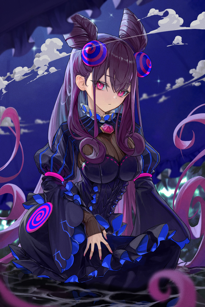 1girl absurdres bangs black_dress breasts cone_hair_bun dollbvy dress fate/grand_order fate_(series) gem hair_bun hair_ornament highres juliet_sleeves large_breasts long_hair long_sleeves looking_at_viewer murasaki_shikibu_(fate) parasol puff_and_slash_sleeves puffy_sleeves purple_eyes purple_gemstone purple_hair solo squatting two_side_up umbrella very_long_hair water wide_sleeves