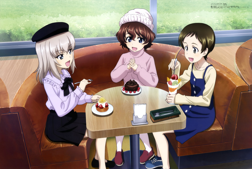 3girls :d absurdres akaboshi_koume barrett beanie black_headwear black_skirt blue_eyes blue_overalls brown_footwear brown_hair bush cake chocolate_cake collarbone dress food fork frilled_shirt_collar frills fruit girls_und_panzer grass grey_eyes hat highres holding holding_fork interlocked_fingers itou_takeshi itsumi_erika kojima_emi light_brown_hair long_hair long_sleeves megami_magazine multiple_girls napkin napkin_holder official_art open_mouth overall_skirt overalls pancake parfait pink_sweater plate scan shirt short_hair sitting skirt smile strawberry sweater table turtleneck turtleneck_sweater whipped_cream white_headwear white_shirt window