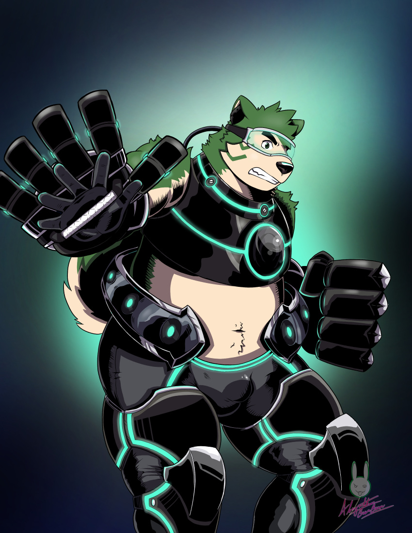 absurd_res absynth_bunbun anthro belly canid canine canis domestic_dog fur green_body green_fur hi_res lifewonders live-a-hero male mammal mecha_fist midriff mokdai overweight solo superhero video_games