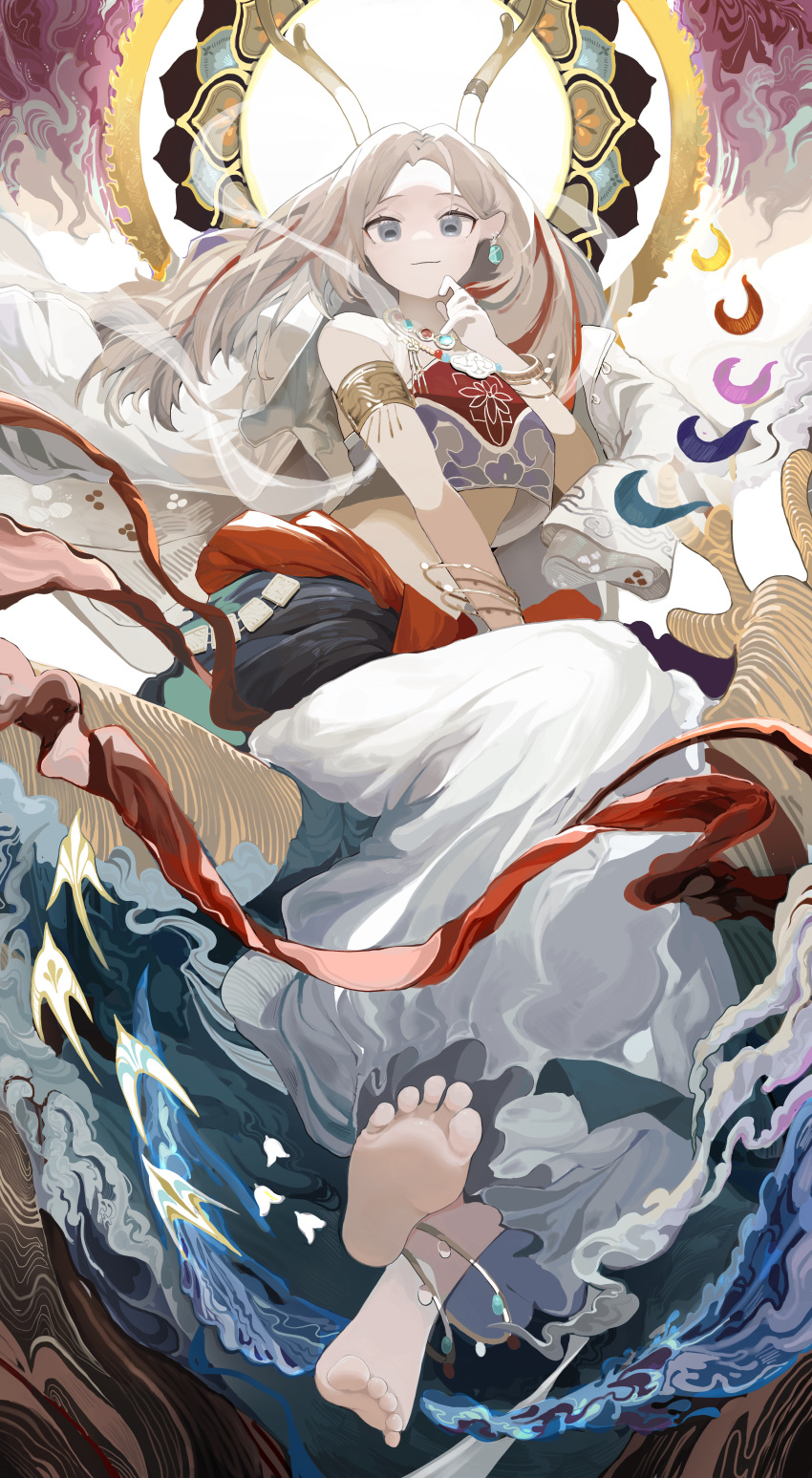 1girl a_deer_of_nine_colors absurdres anklet antlers arabian_clothes arknights armlet bangs barefoot chinese_commentary closed_mouth commentary_request crop_top eyelashes feet forehead full_body grey_eyes grey_hair halo hand_up highres jewelry legs_together long_hair long_skirt looking_at_viewer menthako multicolored_hair nine-colored_deer parted_bangs red_hair sitting skirt sleeveless soles solo streaked_hair toes white_skirt