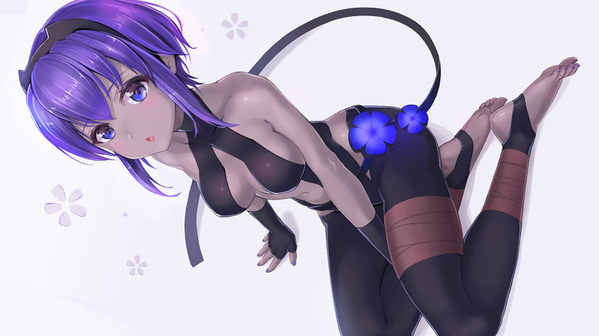 1girl arm_support bangs black_hairband black_leotard black_pantyhose black_ribbon blush breasts center_opening commentary_request dark-skinned_female dark_skin eyelashes fate/grand_order fate/prototype fate/prototype:_fragments_of_blue_and_silver fate_(series) feet fingerless_gloves flower gloves grey_background hairband hassan_of_serenity_(fate) highres legs leotard looking_at_viewer medium_breasts medium_hair nail_polish navel no_shoes on_ground open_mouth pantyhose purple_eyes purple_hair purple_nails ribbon shadow shinno shiny shiny_hair sidelocks sideways simple_background sitting soles solo stirrup_legwear thighs toeless_legwear toenail_polish toenails toes yokozuwari