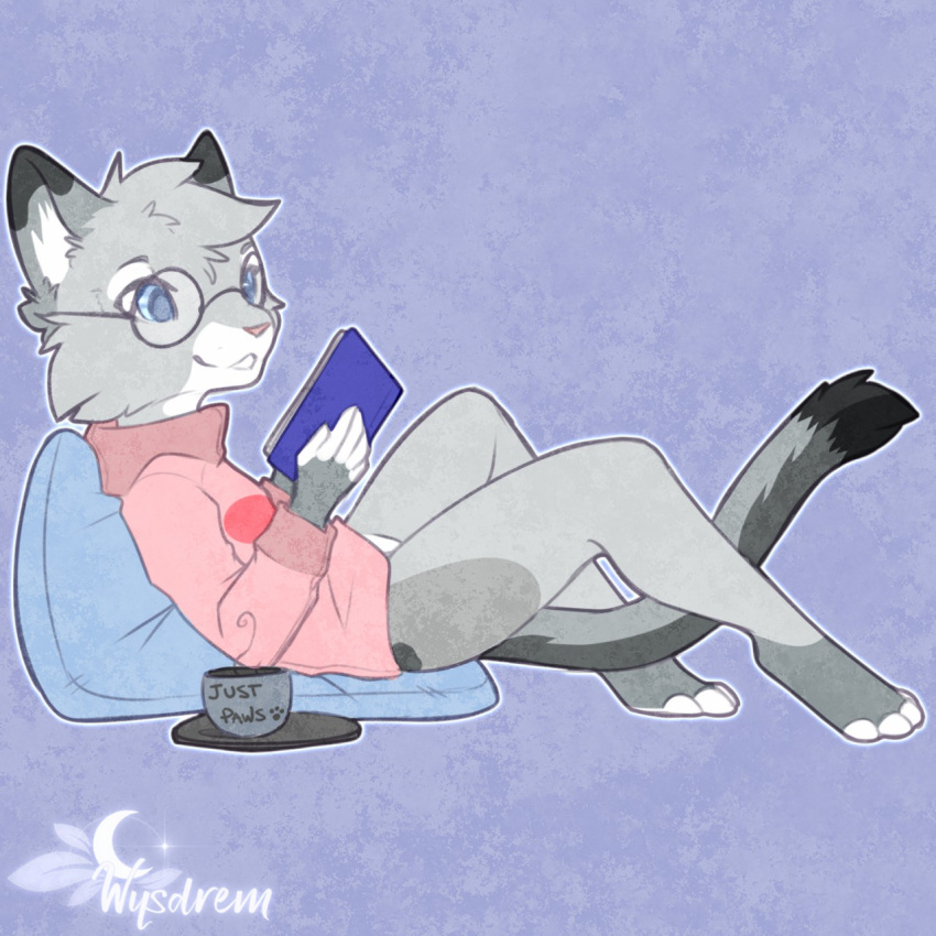 anthro beverage blue_eyes book bottomless clothed clothing coffee coffee_mug digital_media_(artwork) dipstick_ears dipstick_fingers dipstick_tail dipstick_toes domestic_cat egyptian_mau eyewear feet felid feline felis fingers glasses grey_body hair hi_res lying male mammal markings multicolored_body multicolored_ears multicolored_tail nixuelle on_back pillow pink_nose saucer simple_background smile solo spots spotted_markings sweater tail_markings toes topwear turtleneck wysdrem