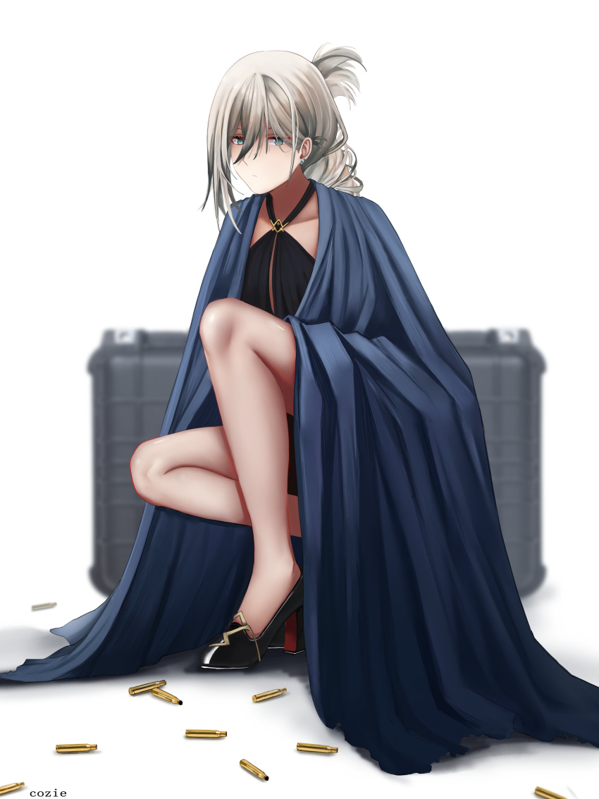 1girl absurdres an-94_(girls'_frontline) an-94_(silent_rouge)_(girls'_frontline) aqua_eyes artist_name bangs black_dress black_footwear blonde_hair blue_cape breasts bullet cape closed_mouth collarbone cozie178 defy_(girls'_frontline) dress drill_ponytail earrings full_body girls'_frontline high_heels highres jewelry legs long_hair looking_at_viewer official_alternate_costume ponytail revision shell_casing sitting small_breasts solo weapon_case white_background