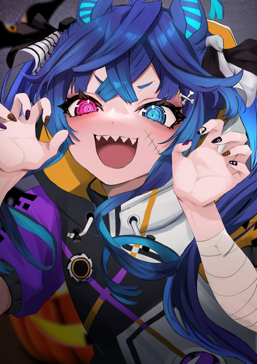 1girl :d animal_ears bandaged_arm bandages bangs black_nails blue_eyes blue_hair bone_hair_ornament crossed_bangs hair_ornament halloween heterochromia highres hood hoodie horse_ears looking_at_viewer multicolored_clothes multicolored_hoodie open_mouth red_eyes ringed_eyes sharp_teeth sidelocks smile solo teeth toa510 twin_turbo_(umamusume) umamusume upper_body