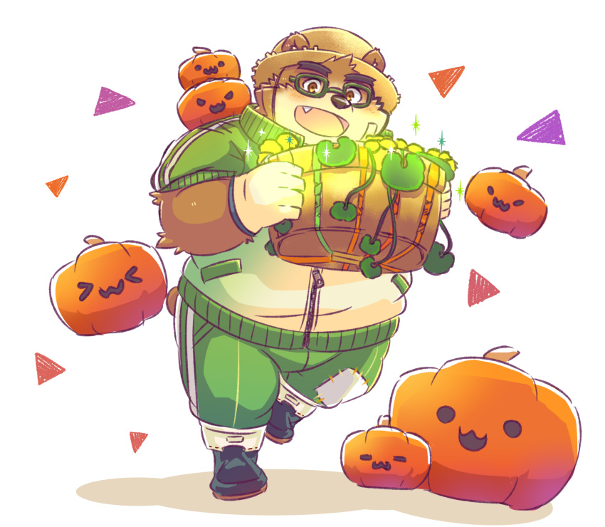 &gt;w&lt; 1boy :3 animal_ears bandaid bandaid_on_face basket bear_boy bear_ears blush commentary_request fang fang_out full_body furry furry_male glasses gloves green-framed_eyewear green_pants hat highres holding holding_basket jack-o'-lantern jacket male_focus natamaru open_mouth pants plump pumpkin simple_background smile solo sparkle straw_hat thick_eyebrows tokyo_afterschool_summoners triangle volos_(housamo) white_background white_gloves