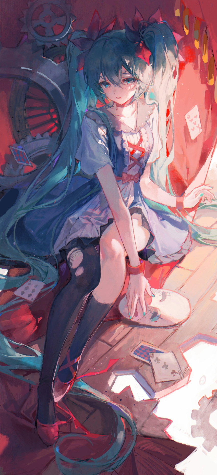 1girl absurdly_long_hair absurdres asymmetrical_legwear bangs blue_hair blue_nails bow clown_mask commentary dress full_body hair_between_eyes hair_bow hatsune_miku highres karakuri_pierrot_(vocaloid) kneehighs lace-up_top long_hair looking_at_viewer maccha_(mochancc) mask nail_polish parted_lips red_bow red_footwear red_ribbon ribbon short_dress short_sleeves single_kneehigh single_leg_pantyhose single_sock sitting socks solo torn_clothes torn_legwear twintails very_long_hair vocaloid white_dress wooden_floor