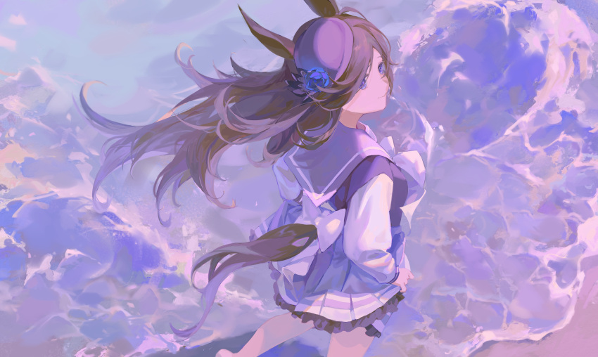 1girl absurdres animal_ears back_bow beach bow brown_hair commentary_request floating_hair flower from_above from_behind hat hat_flower highres hlymoriia horse_ears horse_girl horse_tail long_hair long_sleeves ocean purple_eyes purple_theme rice_shower_(umamusume) sailor_collar school_uniform skirt_hold solo tail tracen_school_uniform umamusume very_long_hair water waves white_bow white_sleeves