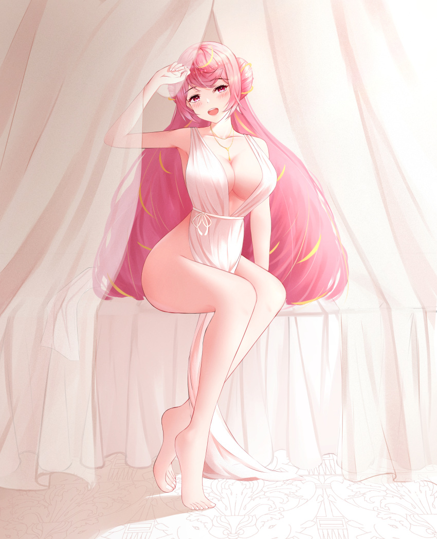 1girl 271 absurdres arm_up bad_feet barefoot blush breasts cleavage curtains full_body hair_bun highres indoors large_breasts long_hair looking_at_viewer luck_&amp;_logic on_bed open_mouth pink_eyes pink_hair sitting smile solo venus_(luck_&amp;_logic) very_long_hair