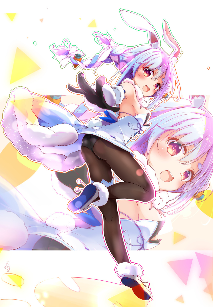 1girl :3 absurdres animal_ears black_gloves blue_hair bow braid breasts bunny-shaped_pupils carrot_hair_ornament dress eyebrows_hidden_by_hair food-themed_hair_ornament full_body fur-trimmed_gloves fur_trim gloves hair_bow hair_ornament highres hololive multicolored_hair nanaume_(shichimi_tougarashi) open_mouth pantyhose rabbit_ears rabbit_girl rabbit_tail sideboob small_breasts smile solo strapless strapless_dress symbol-shaped_pupils tail thick_eyebrows twin_braids two-tone_hair usada_pekora white_hair zoom_layer