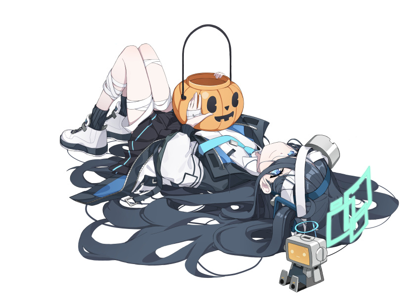 1girl absurdres arisu_(blue_archive) bandages black_hair black_jacket black_skirt black_socks blue_archive blue_eyes blue_hairband blue_necktie closed_mouth full_body hair_ornament hair_spread_out hairband halloween halo highres jack-o'-lantern jacket long_hair long_sleeves looking_at_viewer lying multicolored_clothes multicolored_jacket necktie on_back open_clothes open_jacket pleated_skirt shirt simple_background skirt smile socks solo toombo12 toy_robot very_long_hair white_background white_footwear white_jacket white_shirt