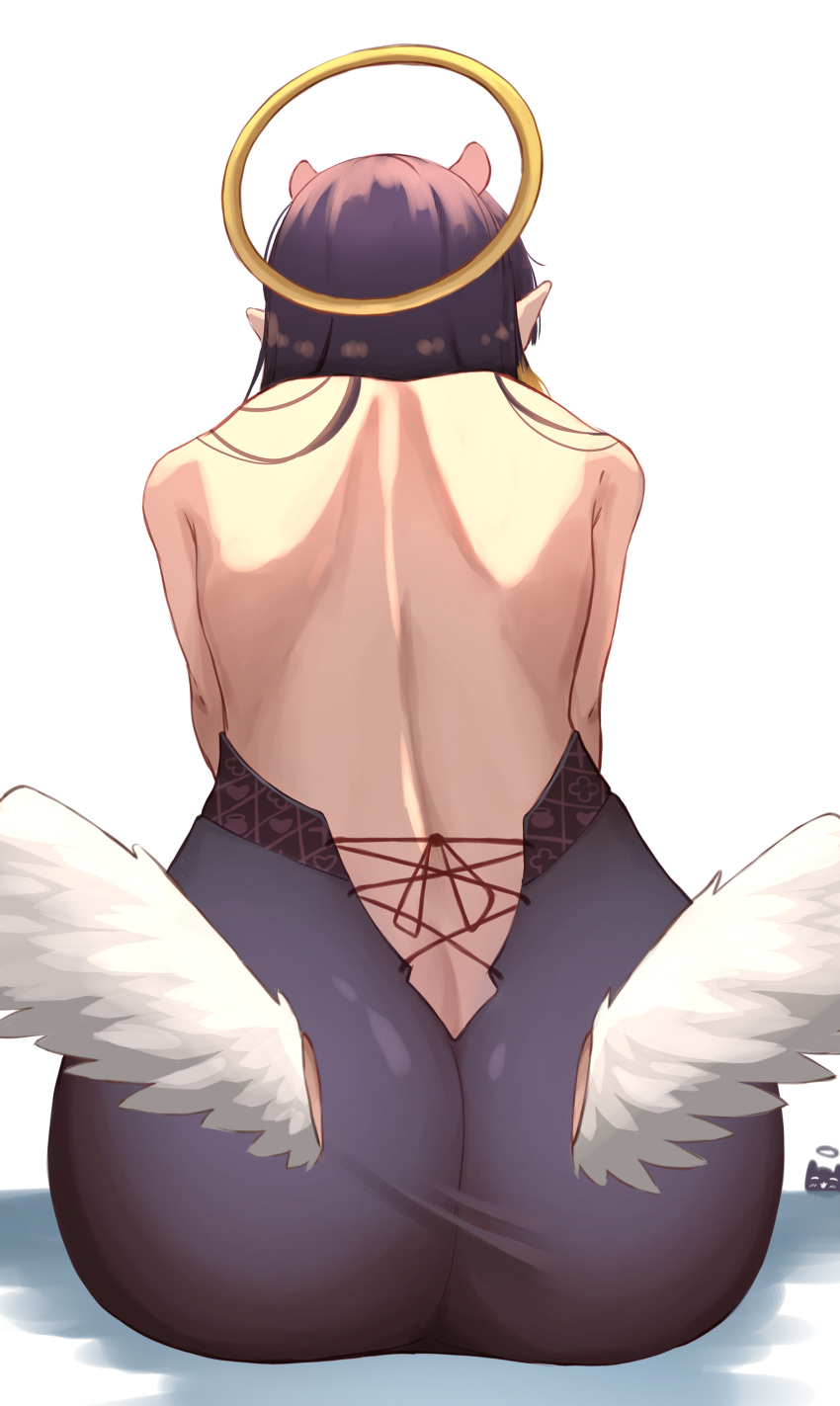 1girl absurdres ass ass_focus back backless_dress backless_outfit bare_back black_dress commentary dress english_commentary facing_away feathered_wings foreshortening from_behind gradient_hair halo highres hololive hololive_english long_hair low_wings median_furrow multicolored_hair ninomae_ina'nis orange_hair pointy_ears sakki11 shoulder_blades sitting solo virtual_youtuber white_wings wings wings_through_clothes