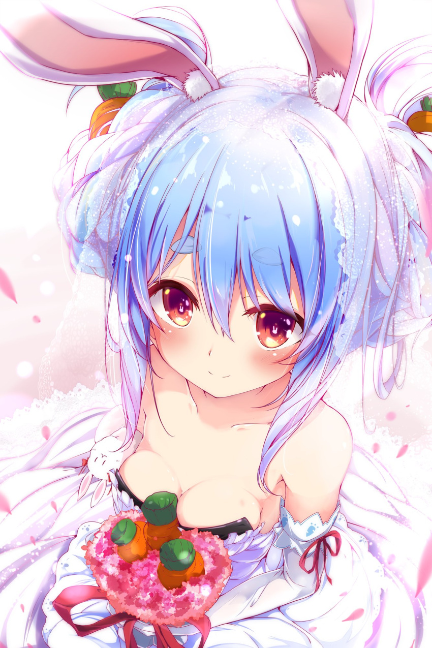 1girl animal_ears blue_hair braid braided_bun breasts bridal_veil bunny-shaped_pupils carrot cleavage collarbone don-chan_(usada_pekora) double_bun dress elbow_gloves from_above gloves hair_bun highres hololive medium_breasts multicolored_hair nanaume_(shichimi_tougarashi) rabbit_ears rabbit_girl smile solo strapless strapless_dress symbol-shaped_pupils two-tone_hair usada_pekora veil wedding_dress white_dress white_gloves white_hair