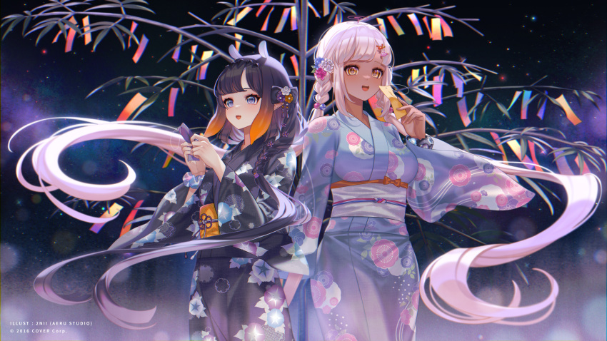 2girls 2nii absurdres alternate_costume bangs blonde_hair braid cowboy_shot flower futariboshi_(vocaloid) gradient_hair hair_flower hair_ornament highres holding holding_paper hololive hololive_english japanese_clothes kimono long_hair long_sleeves multicolored_hair multiple_girls night night_sky ninomae_ina'nis obi official_art open_mouth orange_hair paper planet_hair_ornament purple_eyes purple_hair sash sky star_(sky) starry_sky tanabata tanzaku tentacle_hair tsukumo_sana twin_braids very_long_hair virtual_youtuber wide_sleeves yellow_eyes