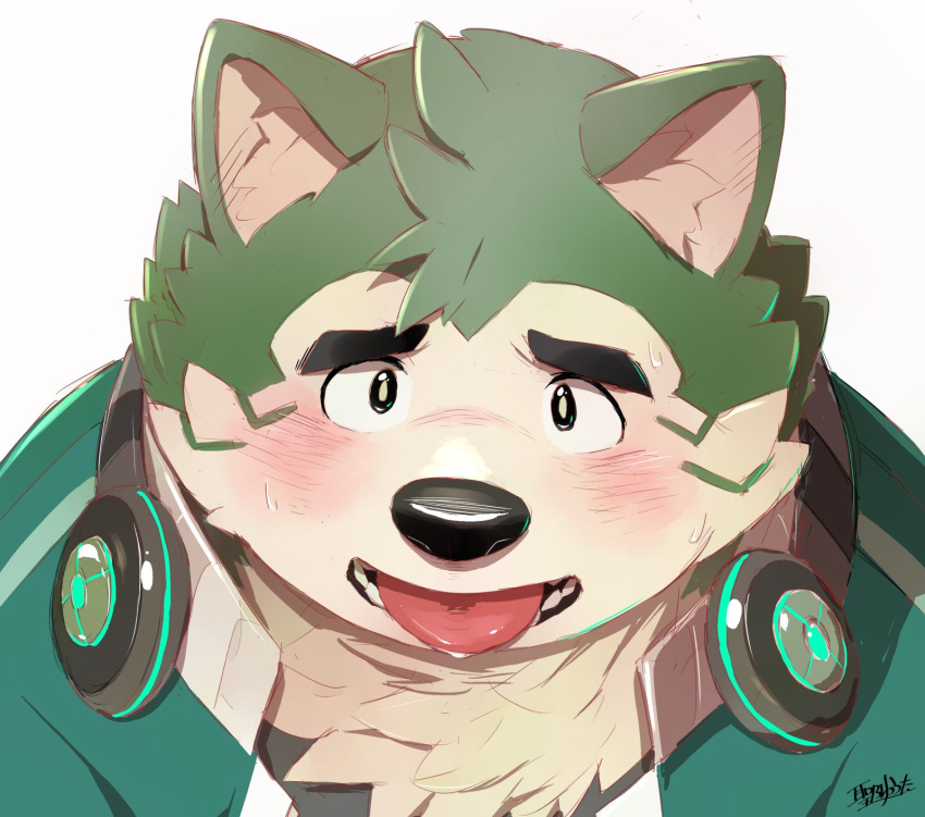 anthro blush canid canine canis domestic_dog eyebrows fur green_body green_fur headphones headphones_around_neck hi_res hijirinoyuta lifewonders live-a-hero looking_at_viewer male mammal mokdai solo suggestive_look thick_eyebrows tongue tongue_out video_games