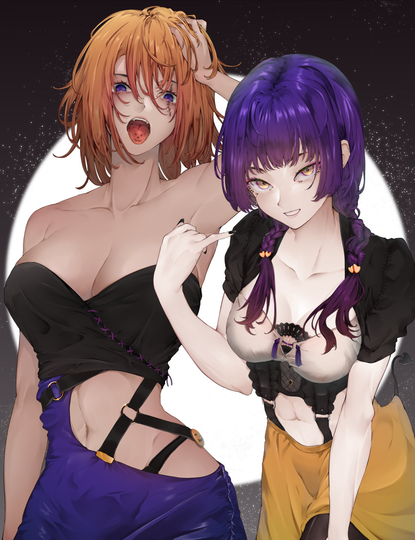 2022 2girls :o abs absurdres asymmetrical_clothes badge bare_arms bare_shoulders black_dress black_nails black_panties black_pantyhose black_tail breasts buckle button_badge chiwa_kotarou cleavage closed_mouth clothing_cutout collarbone cowboy_shot demon_tail dress fangs fingernails gradient_hair groin hair_ornament halloween heart heart_hair_ornament highres jack-o'-lantern large_breasts layered_dress leaning_forward long_fingernails medium_breasts messy_hair midriff multicolored_clothes multicolored_dress multicolored_hair multiple_girls navel off-shoulder_dress off_shoulder open_mouth orange_hair original panties panty_straps pantyhose parted_lips pencil_dress pinky_out pumpkin purple_dress purple_eyes purple_hair scar scar_across_eye shrug_(clothing) stitched_face stitches stomach stomach_cutout strap tail teeth toned tongue tongue_mark tongue_out twintails two-tone_dress underwear upper_teeth yellow_eyes