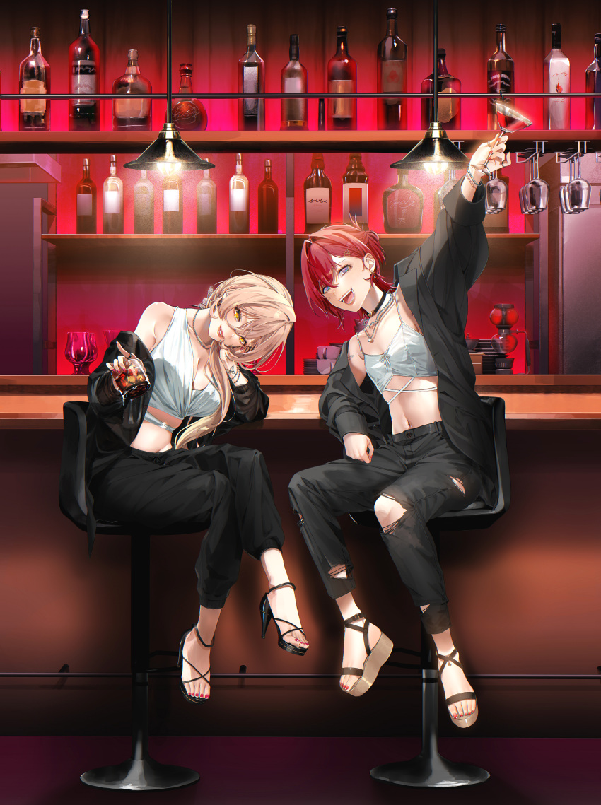 2girls absurdres ange_katrina bangs bar_(place) bar_stool black_jacket black_pants blonde_hair blue_eyes bottle bracelet breasts cabinet call_boy_(vocaloid) camisole choker cleavage commentary_request crop_top cup drinking_glass flat_chest grin hand_up hands_on_own_cheeks hands_on_own_face hanging_light head_tilt highres jacket jewelry large_breasts looking_at_viewer multiple_girls nail_polish navel necklace nijisanji nui_sociere pants pointing red_hair saucer shelf sinomi smile stool toenail_polish toenails torn_clothes torn_pants virtual_youtuber white_camisole wine_bottle wine_glass yellow_eyes