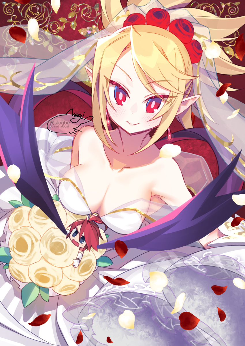 1boy 1girl adell_(disgaea) bare_shoulders blonde_hair blush bouquet breasts bridal_veil bride cleavage commentary_request demon_girl demon_wings disgaea dress flower hair_flower hair_ornament highres holding holding_bouquet large_breasts looking_at_viewer makai_senki_disgaea_2 miniboy negi_(ulog'be) petals pointy_ears red_eyes red_flower red_rose rose rose_petals rozalin smile strapless strapless_dress veil wedding_dress white_dress wings yellow_flower yellow_rose