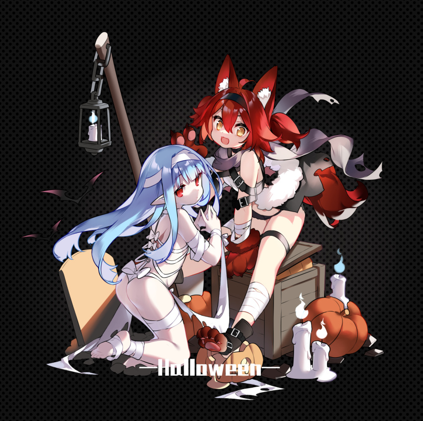 2girls :d animal_ear_fluff animal_ears animal_hands ass bandaged_arm bandaged_leg bandages bangs black_hairband blue_fire blue_hair bow brown_eyes brown_gloves candle commentary_request crate eyebrows_hidden_by_hair fangs fire fur-trimmed_gloves fur_trim gloves hair_between_eyes hairband halloween highres jack-o'-lantern kneeling lantern long_hair looking_at_viewer multiple_girls original panties paw_gloves polka_dot polka_dot_background pumpkin red_eyes red_hair revealing_clothes saru sitting smile soles tail twintails underwear very_long_hair white_bow white_panties