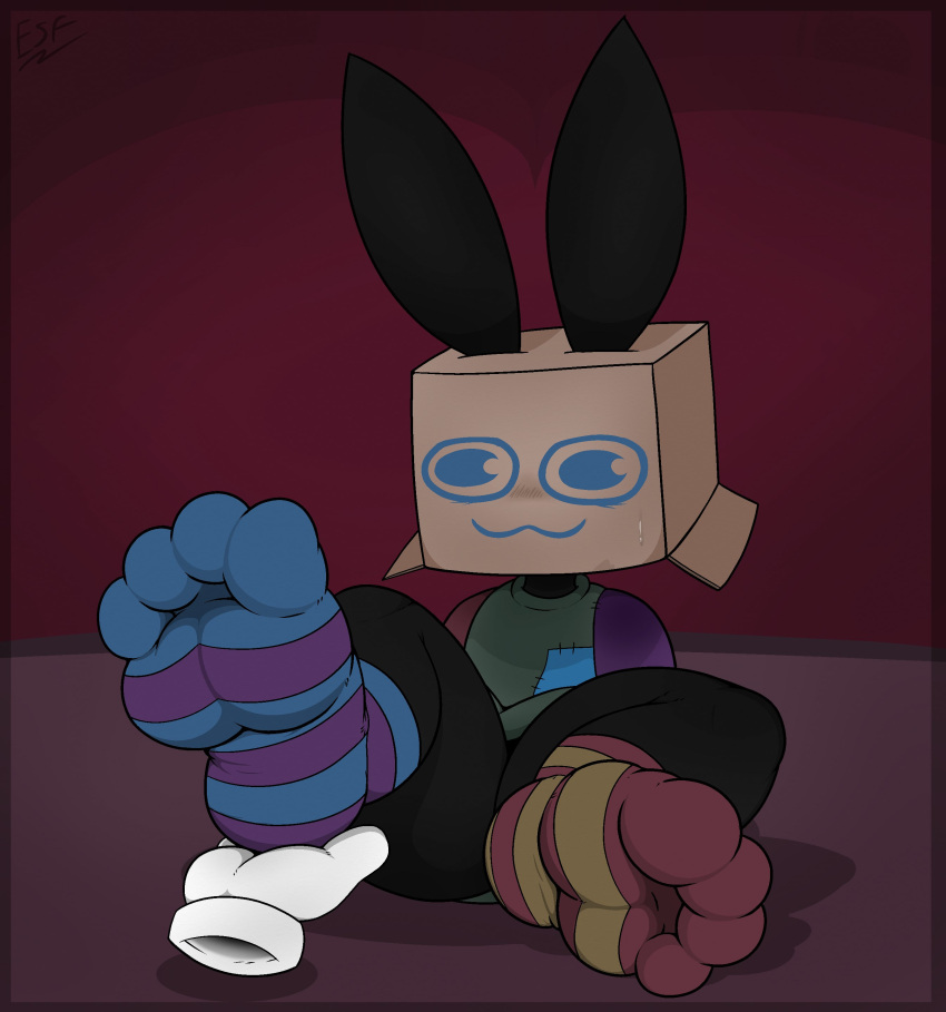 4_toes absurd_res anthro black_body black_fur box clothing container disembodied_hand duo electricsnowfox feet foot_fetish foot_focus foot_grab footwear fur hi_res humanoid_feet lagomorph leporid male mammal plantigrade rabbit shirt socks soles toes topwear