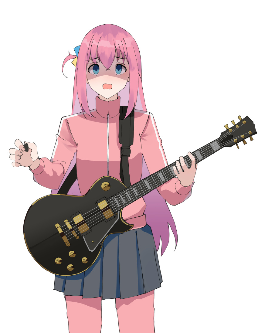 1girl absurdres bangs black_skirt blue_eyes bocchi_the_rock! electric_guitar gar32 gotou_hitori grey_background guitar hair_between_eyes hair_cubes hair_ornament highres holding holding_instrument instrument jacket long_sleeves looking_at_viewer one_side_up open_mouth pants pants_under_skirt pink_hair pink_jacket pink_pants pleated_skirt plectrum shaded_face simple_background skirt solo standing track_jacket track_pants track_suit wavy_mouth