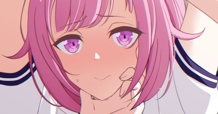 2girls arimon_(dfrgty12) arms_up asahina_mafuyu closed_mouth female_pov grabbing_another's_chin hand_on_another's_chin multiple_girls ootori_emu pink_eyes pink_hair pov project_sekai yuri