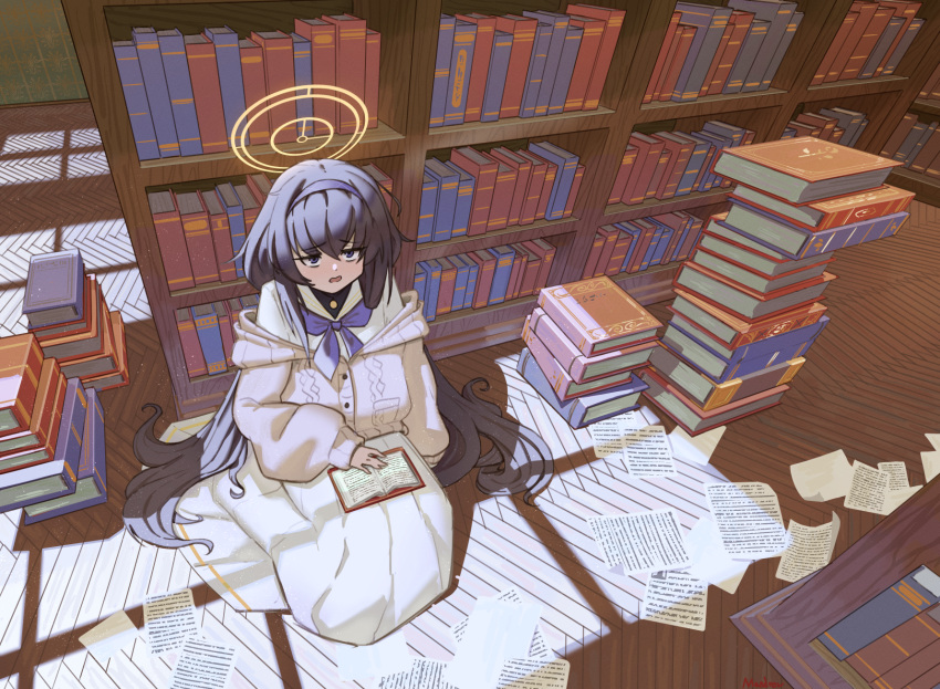 1girl black_hair blue_archive blue_eyes blue_neckerchief book bookshelf cardigan english_commentary from_above hairband halo highres holding holding_book indoors jewelry jitome library long_skirt long_sleeves looking_at_viewer low_twintails mandrew neckerchief necklace open_book open_mouth pile_of_books pleated_skirt sitting skirt sleeves_past_wrists solo twintails ui_(blue_archive) white_skirt window_shade wooden_floor