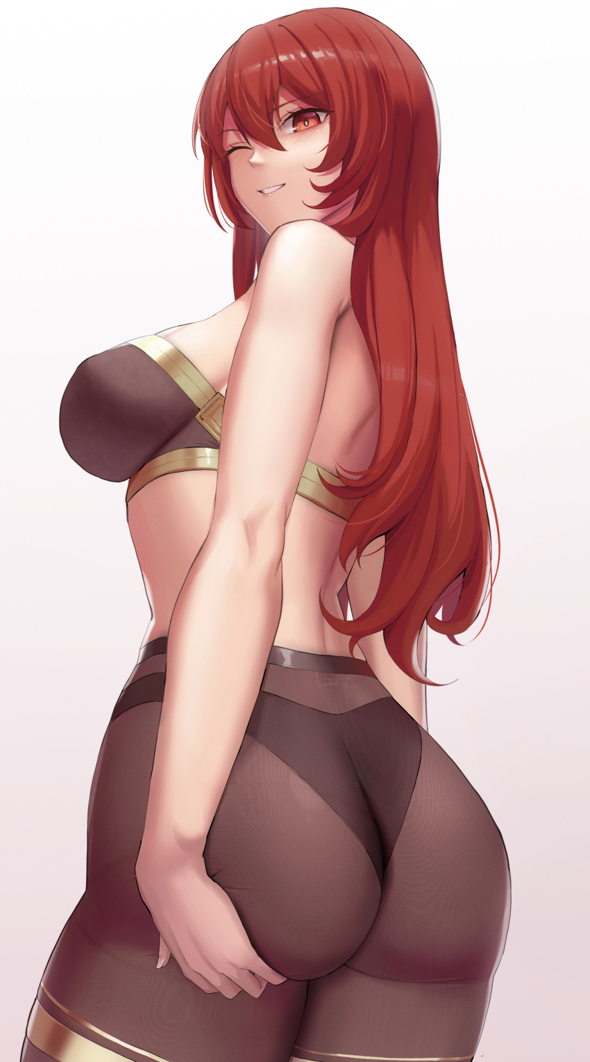 1girl absurdres ass back bangs bare_shoulders blush bra breasts brown_bra brown_panties brown_pantyhose gold_trim grin highres kakeku large_breasts long_hair looking_at_viewer looking_back one_eye_closed original panties panties_under_pantyhose pantyhose red_eyes red_hair smile solo thighs underwear