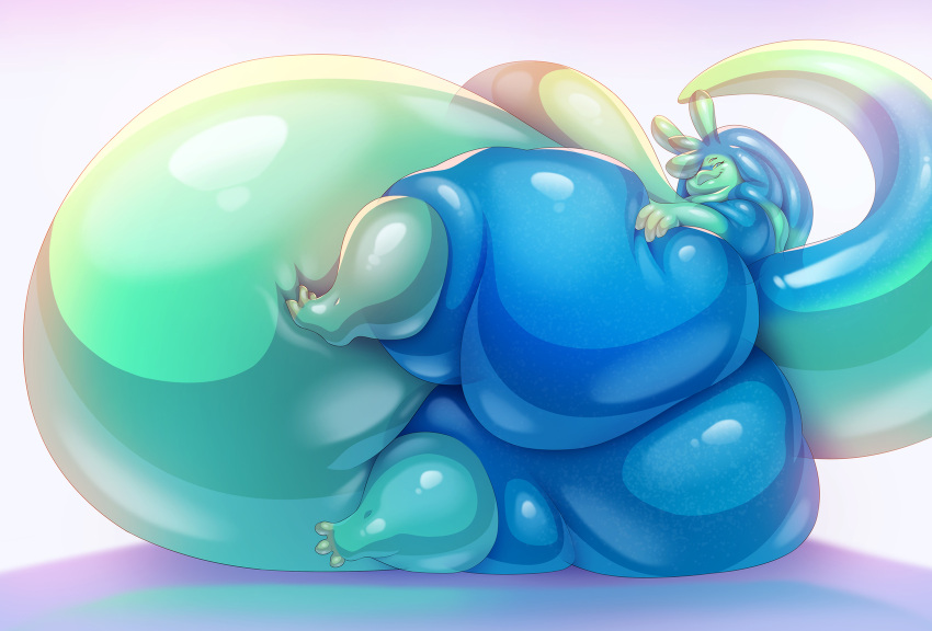 2022 antennae_(anatomy) anthro artisipancake belly belly_squish big_belly big_breasts big_butt blue_body breasts butt butt_grab butt_squish female glistening goo_creature goo_hair green_body hand_on_butt hi_res huge_breasts huge_butt huge_thighs hyper hyper_belly hyper_breasts hyper_butt hyper_thighs looking_at_viewer looking_back lying morbidly_obese nude obese on_side overweight presenting presenting_hindquarters pseudo_hair rear_view simple_background smile solo squish thick_thighs translucent translucent_body wide_hips