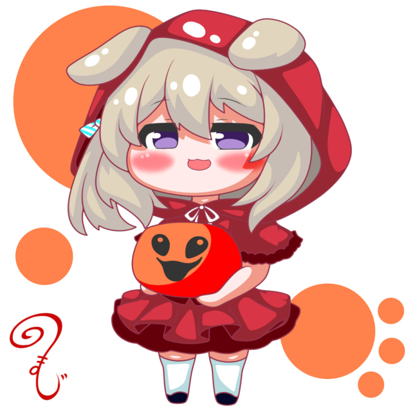 1girl :3 :d animal_ears azur_lane bangs black_footwear blush brown_hair capelet chibi cosplay dog_ears ears_through_headwear full_body hair_between_eyes halloween holding hood hood_up hooded_capelet jack-o'-lantern kurukurumagical little_red_riding_hood little_red_riding_hood_(grimm) little_red_riding_hood_(grimm)_(cosplay) long_hair nagatsuki_(azur_lane) pleated_skirt purple_eyes red_capelet red_skirt shoes simple_background skirt smile solo standing thighhighs white_background white_thighhighs