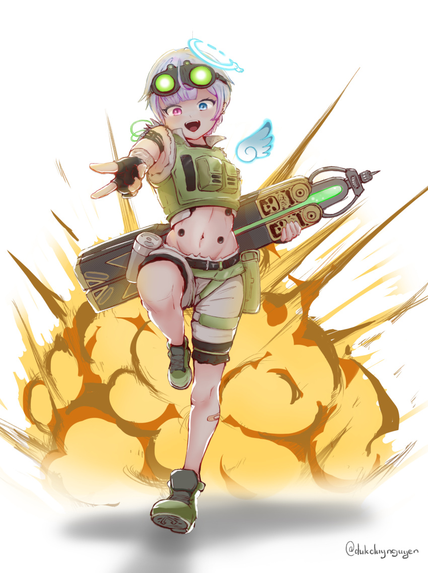 :d absurdres amemiya_nazuna apex_legends balisong black_gloves blue_eyes butterfly_knife_(apex_legends) cable cosplay cropped_vest explosion fingerless_gloves gloves goggles goggles_on_head green_footwear green_shorts green_vest grey_hair heterochromia highres holding holding_knife huge_weapon knife looking_down octane_(apex_legends) octane_(apex_legends)_(cosplay) open_mouth pink_eyes pouch shadow shorts smile thigh_strap twitter_username uncleduk v vest virtual_youtuber vshojo weapon white_background