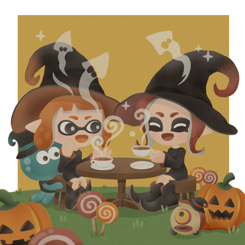 2girls :d ^_^ black_dress black_eyes black_footwear black_headwear boots candy closed_eyes colored_tongue cup dress food grass halloween hat highres holding holding_cup inkling inkling_girl jack-o'-lantern jellyfish_(splatoon) lollipop long_hair long_sleeves multiple_girls no_nose octarian octoball octoling octoling_girl open_mouth orange_hair orange_tongue plate pointy_ears pumpkin red_hair short_hair sitting smile sparkle splatoon_(series) sprikasan steam stool swirl_lollipop table tea teacup witch_hat