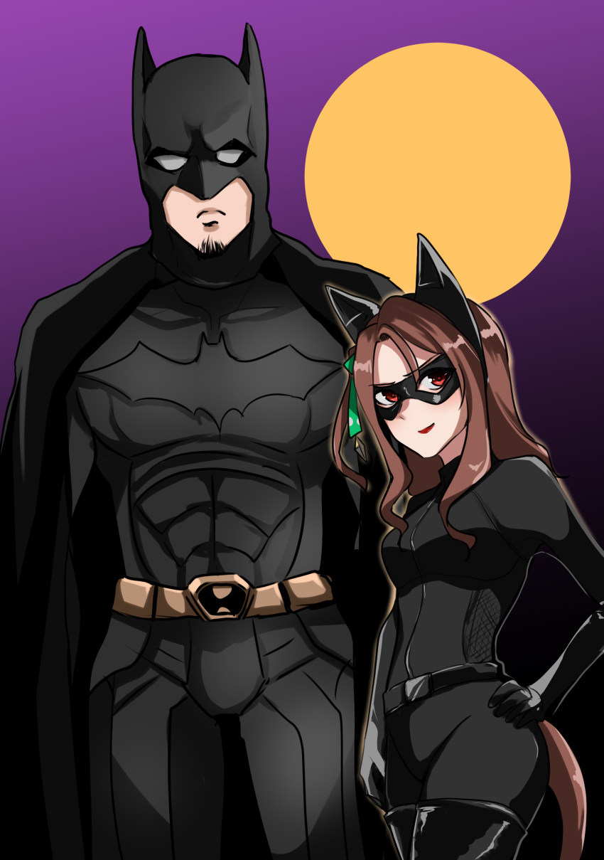 1boy 1girl absurdres animal_ears batman batman_(series) belt cape catwoman catwoman_(cosplay) cosplay dc_comics halloween highres horse_ears horse_girl horse_tail kakuteru_sudachi king_halo_(umamusume) looking_at_viewer mask medium_hair moon purple_background red_eyes simple_background tail the_dark_knight_rises trainer_(umamusume) umamusume