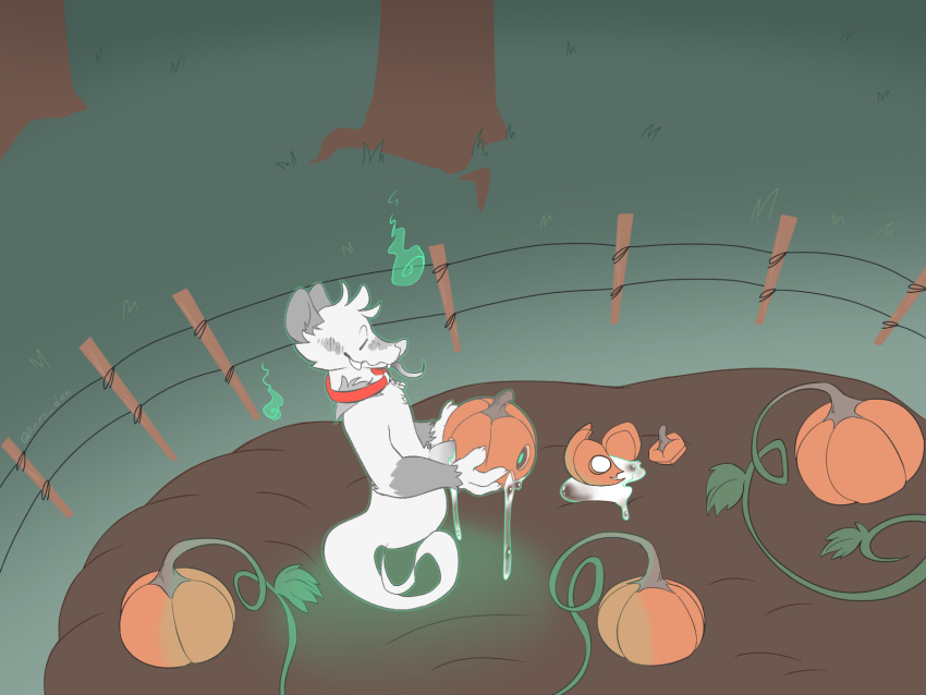 animate_inanimate anthro collar didelphid ectoplasm fence food food_creature fruit ghost ghost_tail halloween hi_res high-angle_view holidays jack-o'-lantern key_(keysquid) keysquid long_tongue male mammal marsupial plant pumpkin pumpkin_patch solo spirit tongue tongue_out tree wisps