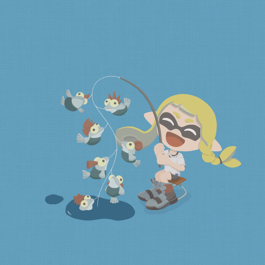 1girl :d ^_^ asymmetrical_hair bike_shorts black_footwear black_shorts blonde_hair blue_background boots braid closed_eyes fishing_rod full_body grey_footwear highres holding holding_fishing_rod inkling inkling_girl knee_boots little_buddy_(splatoon) multicolored_footwear no_nose open_mouth pointy_ears red_footwear shirt short_sleeves shorts sitting smallfry_(splatoon) smile splatoon_(series) splatoon_3 sprikasan suction_cups t-shirt tentacle_hair torn_clothes torn_shirt white_shirt