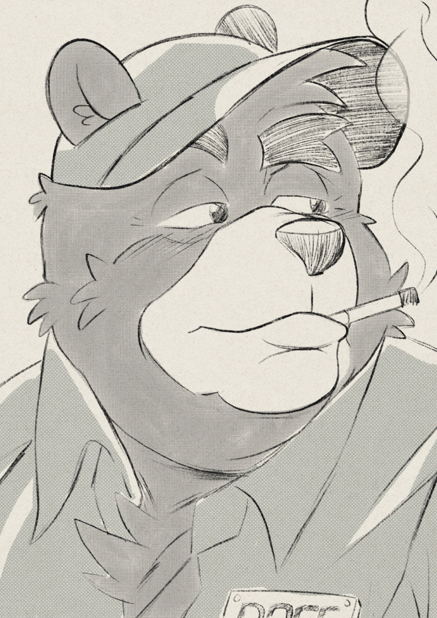 2022 absurd_res american_black_bear anthro black_bear boss_(kamui_shirow) clothing delivery_bear_service hat headgear headwear hi_res kamui_shirow kemono kermode_bear male mammal portrait shirt smoking solo topwear ursid ursine