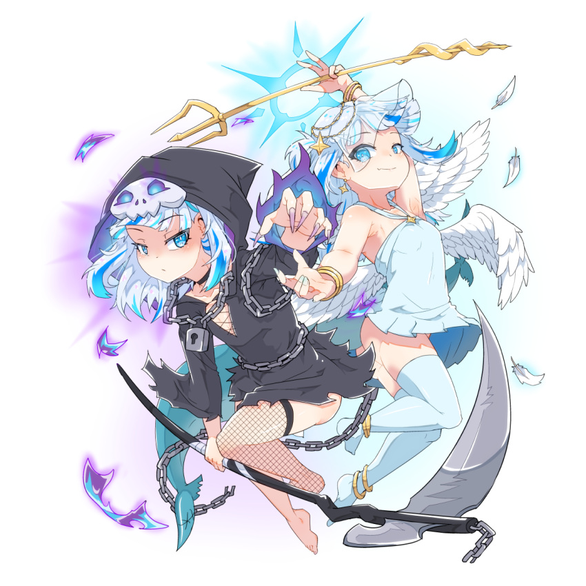2girls arm_up armpits asymmetrical_legwear bangs bare_shoulders blue_eyes blue_hair blunt_bangs bracelet chain dress feathers fish_tail fishnet_pantyhose fishnets gawr_gura grey_hair habit halo highres hololive hololive_english hood hoodie jewelry long_hair long_sleeves mask medium_hair mismatched_legwear moral_cacoethes multicolored_hair multiple_girls pantyhose polearm scythe shark_girl shark_tail single_thighhigh skull_mask streaked_hair tail thighhighs trident two_side_up virtual_youtuber weapon