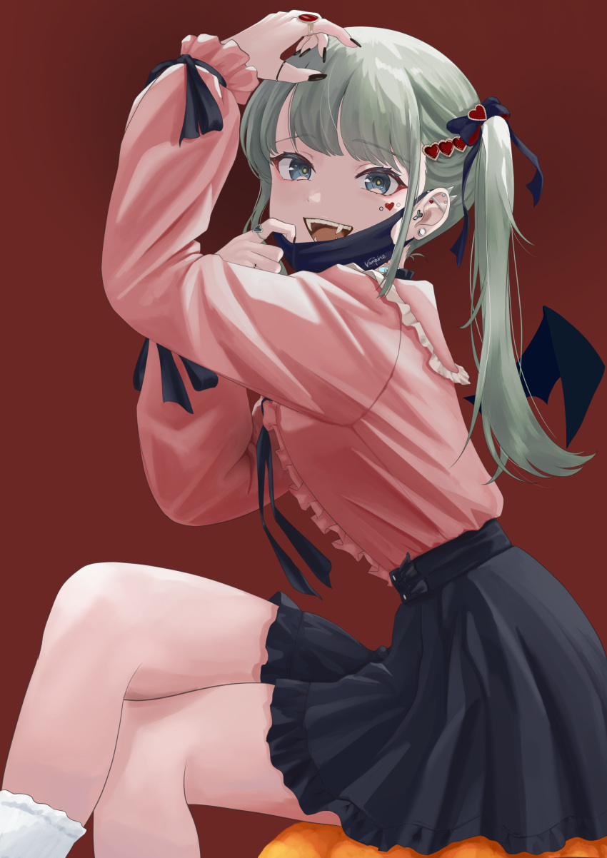 1girl absurdres bangs black_mask black_nails black_ribbon black_skirt blouse frilled_skirt frills green_eyes green_hair hair_ribbon halloween hatsune_miku highres hxk4_n laughing long_hair long_sleeves looking_at_viewer nail_polish pink_shirt red_background ribbon shirt sitting skirt socks solo twintails vocaloid white_socks