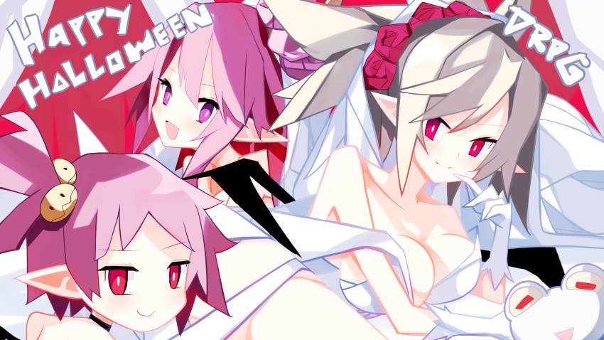 1boy 3girls :d blush breasts bride cleavage demon_girl disgaea disgaea_rpg dress flower frog grey_hair hair_flower hair_ornament halloween highres large_breasts looking_at_viewer majolaine_(disgaea) makai_senki_disgaea makai_senki_disgaea_2 makai_senki_disgaea_5 makai_senki_disgaea_6 multiple_girls nanozenzen pink_eyes pink_hair pointy_ears red_eyes red_flower red_rose rose rozalin seraphina_(disgaea) smile tink_(disgaea) wedding_dress white_dress