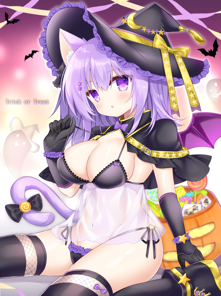 1girl animal_ears bat_(animal) black_capelet black_footwear black_gloves black_headwear black_panties black_thighhighs bow breasts candy candy_wrapper capelet cat_ears cat_girl cat_tail cleavage commentary_request covered_navel elbow_gloves food frilled_hat frilled_panties frills ghost gloves groin hair_ornament halloween halloween_bucket hand_up hat highres large_breasts lifted_by_self lollipop mini_wings navel original panties parted_lips purple_bow purple_eyes purple_hair purple_wings see-through shikito shoes side-tie_panties sitting solo star_(symbol) star_hair_ornament strap_lift swirl_lollipop tail thighhighs trick_or_treat underwear wings witch_hat yellow_belt