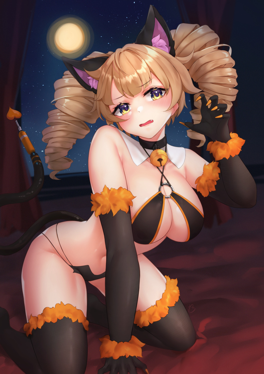 1girl absurdres alternate_costume animal_ears bangs bare_shoulders bell bikini blonde_hair breadthree breasts claw_pose cleavage drill_hair elbow_gloves embarrassed fake_animal_ears fake_tail fingernails gloves highres kneeling long_fingernails looking_at_viewer medium_breasts medium_hair moon navel neck_bell night open_mouth shiro_(tower_of_fantasy) solo swimsuit tail tower_of_fantasy twin_drills yellow_eyes