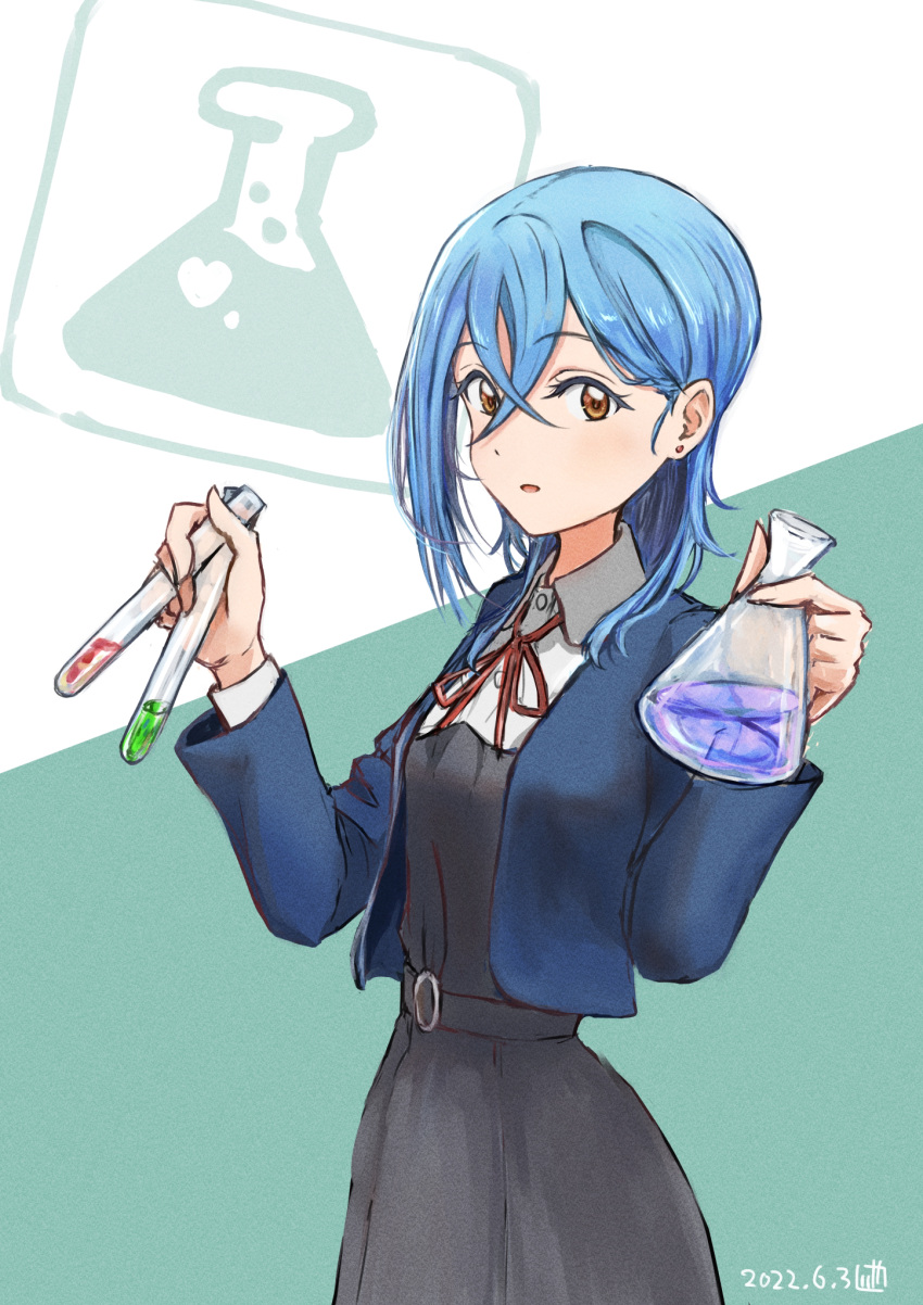 1girl blue_hair brown_eyes commentary dated dress earrings erlenmeyer_flask flask green_background hair_between_eyes highres holding holding_flask holding_test_tube jewelry jungle_zzz love_live! love_live!_superstar!! pinafore_dress school_uniform short_hair single_sidelock solo test_tube two-tone_background upper_body wakana_shiki white_background yuigaoka_school_uniform