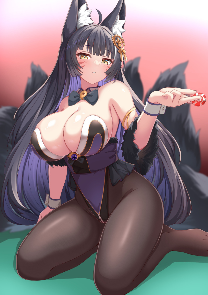 1girl absurdres ahoge animal_ear_fluff animal_ears azur_lane bangs bare_shoulders between_fingers black_bow black_bowtie black_hair black_pantyhose blurry blurry_background blush bow bowtie breasts cleavage collar commentary_request depth_of_field detached_collar facial_mark fox_ears fox_girl fox_tail half-closed_eyes hand_up highres holding kitsune large_breasts leotard looking_at_viewer magatama moyoron multicolored_hair musashi_(azur_lane) no_shoes pantyhose parted_lips poker_chip purple_hair purple_leotard solo strapless strapless_leotard tail two-tone_hair whisker_markings white_collar wing_collar yellow_eyes